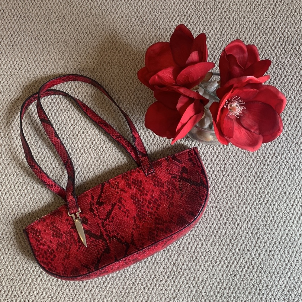 🌹ROSETTIA VINTAGE Red AND BLACK FAUX SNAKE SKIN Hobo SHOULDER BAG
